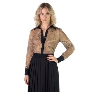 BUTTON DOWN SHIRT ANIMAL PRINT BROWN SHEER CHIFFON TOP LONG SLEEVE BLOUSE SMALL